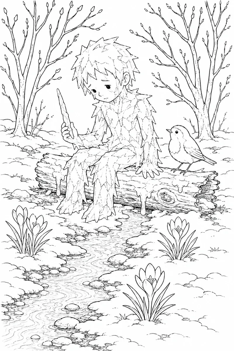 霜之孩童坐在融化树桩上,周围有番红花的涂色画