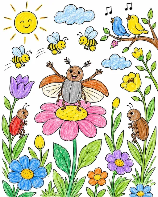 Ausmalbild von Maikäfern und Bienen die auf einer Blumenwiese den Frühling begrüßen