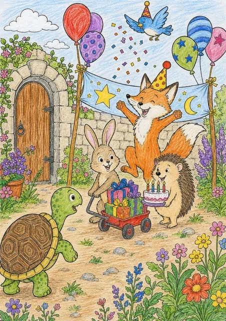 Tiere überraschen die Schildkröte zum Geburtstag – So könnte es aussehen