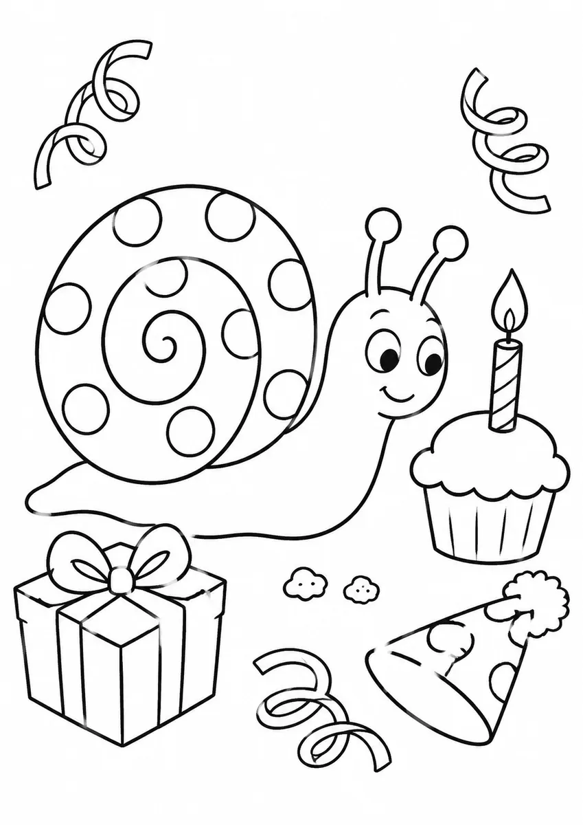 Schnecke mit Konfettihaus kriecht zu einem Geburtstags-Cupcake