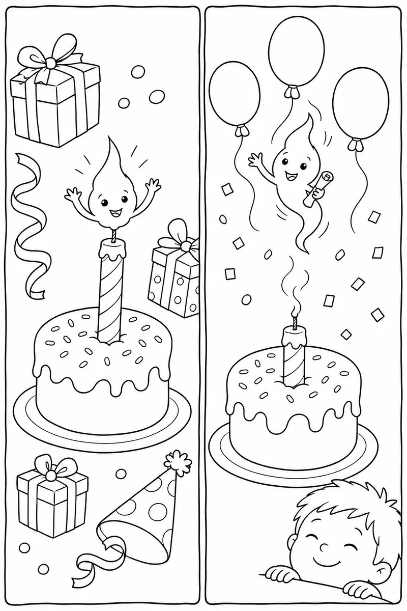 Diptychon einer Geburtstagskerze mit Wesen, links brennend auf Torte, rechts mit Ballons aufsteigend