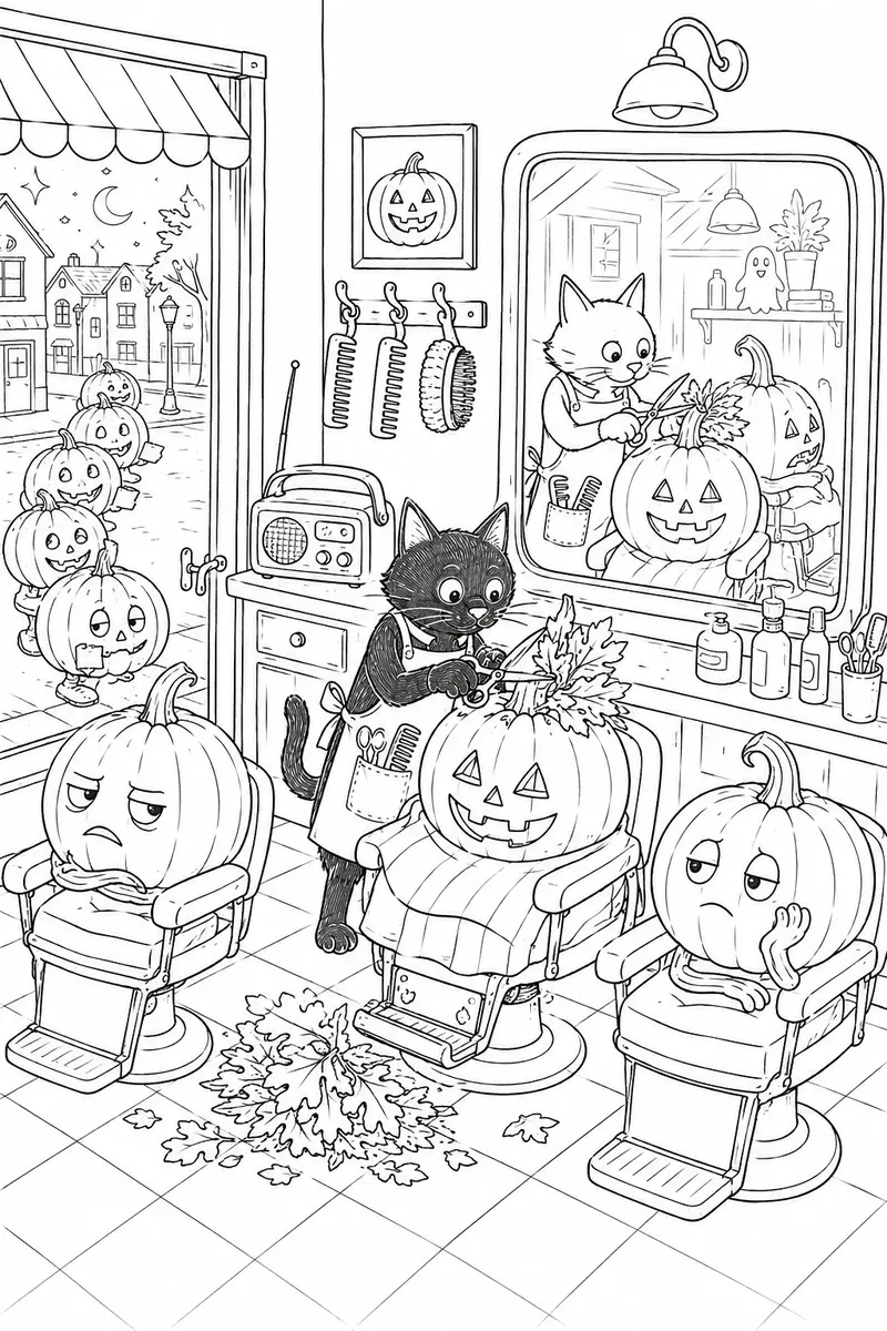猫理发师为南瓜灯修剪的理发店涂色画