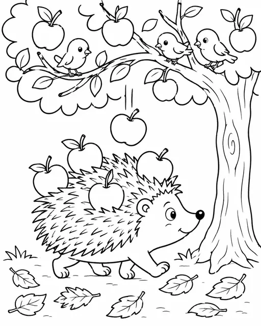 Igel sammelt Herbstäpfel auf seinem Rücken