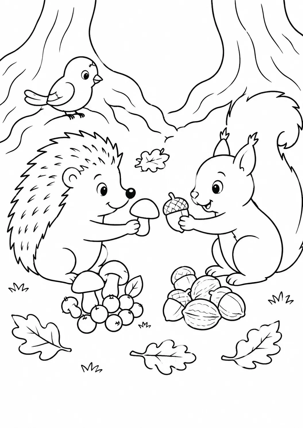 刺猬和松鼠互换秋天储备的涂色画