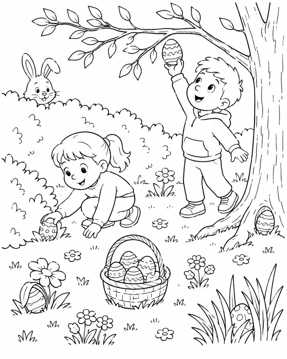 Ausmalbild von Kindern die im Garten nach Ostereiern suchen