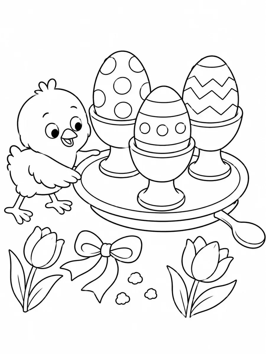 Chick pushing a carousel made from egg cups and Easter eggs