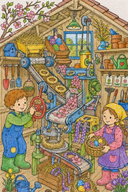 Querschnitt einer Osternestmaschine in einem Gartenhaus