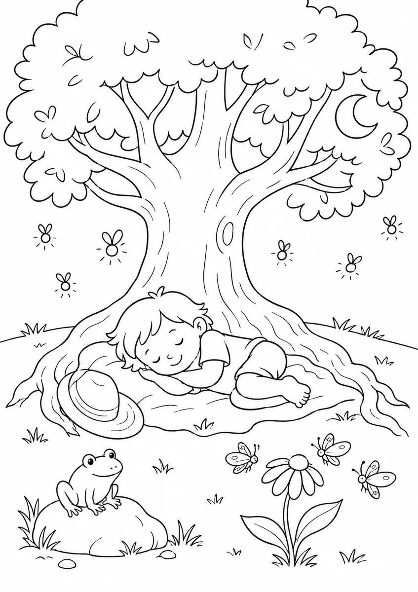Ausmalbild eines schlafenden Kindes unter einem Baum in einer Sommernacht mit Leuchtkäfern