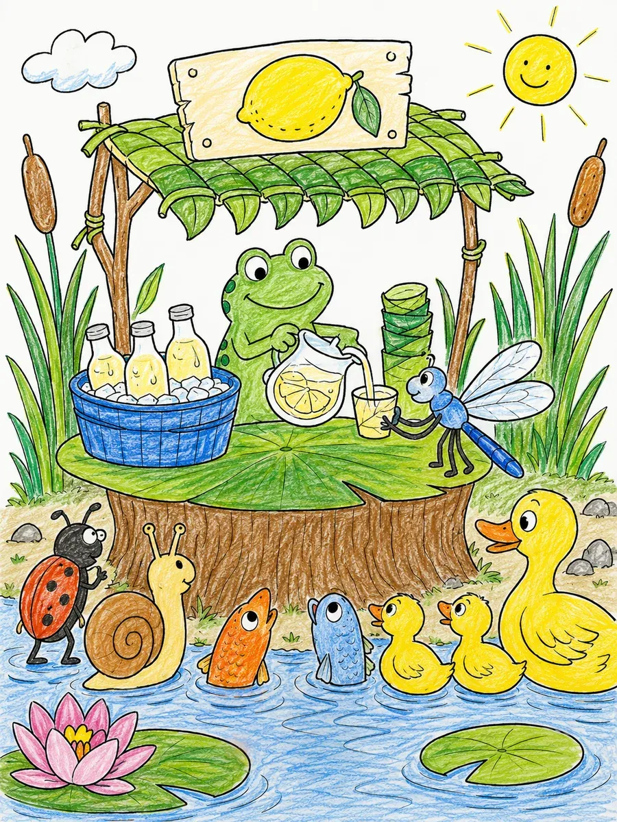 Frosch verkauft Limonade am Teich