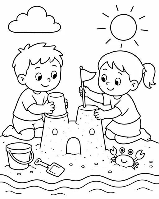 孩子们在沙滩上堆沙堡