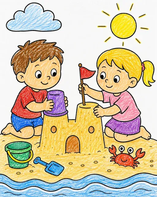 两个孩子在沙滩一起堆沙堡的涂色画