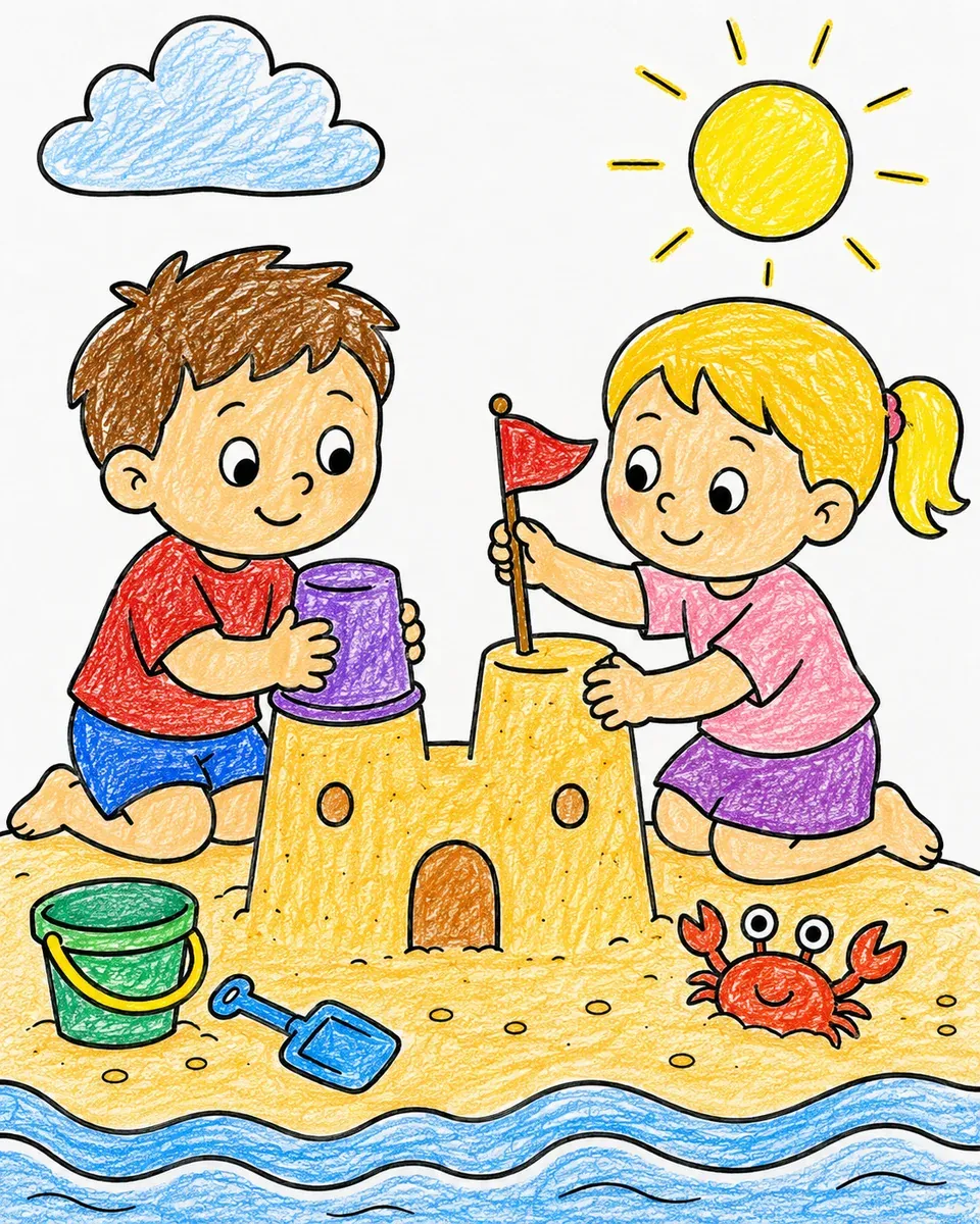 Kinder bauen eine Sandburg am Strand