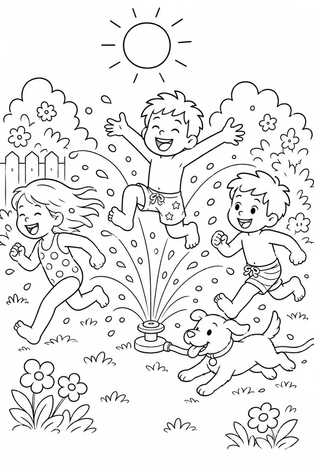 Kinder springen durch Wassersprenkler