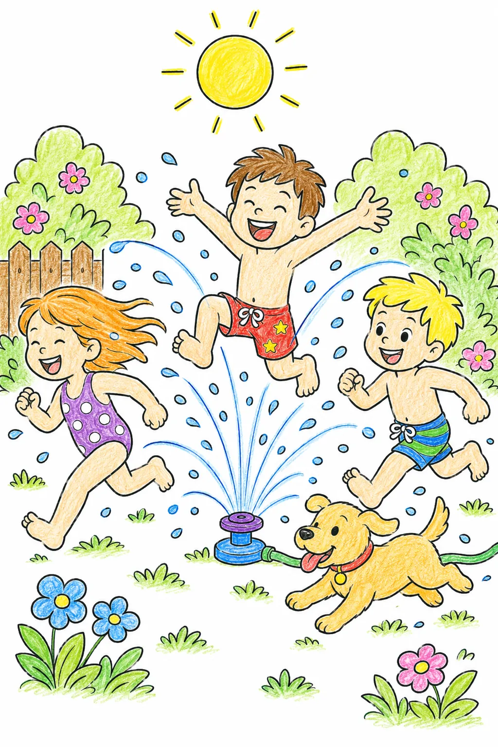 Kinder springen durch Wassersprenkler