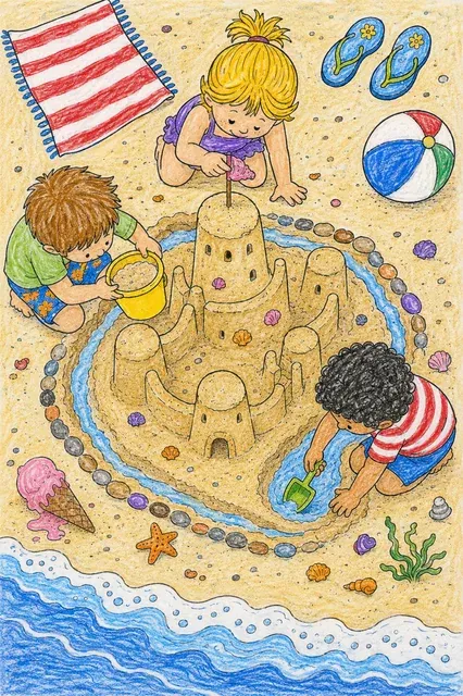 Kinder bauen Sandburg von oben – So könnte es aussehen