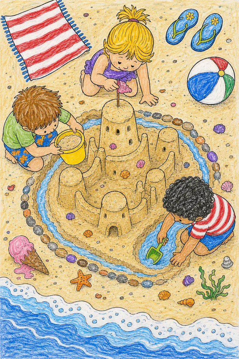 Kinder bauen Sandburg von oben