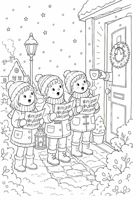 Children Singing Christmas Carols with Sheet Music