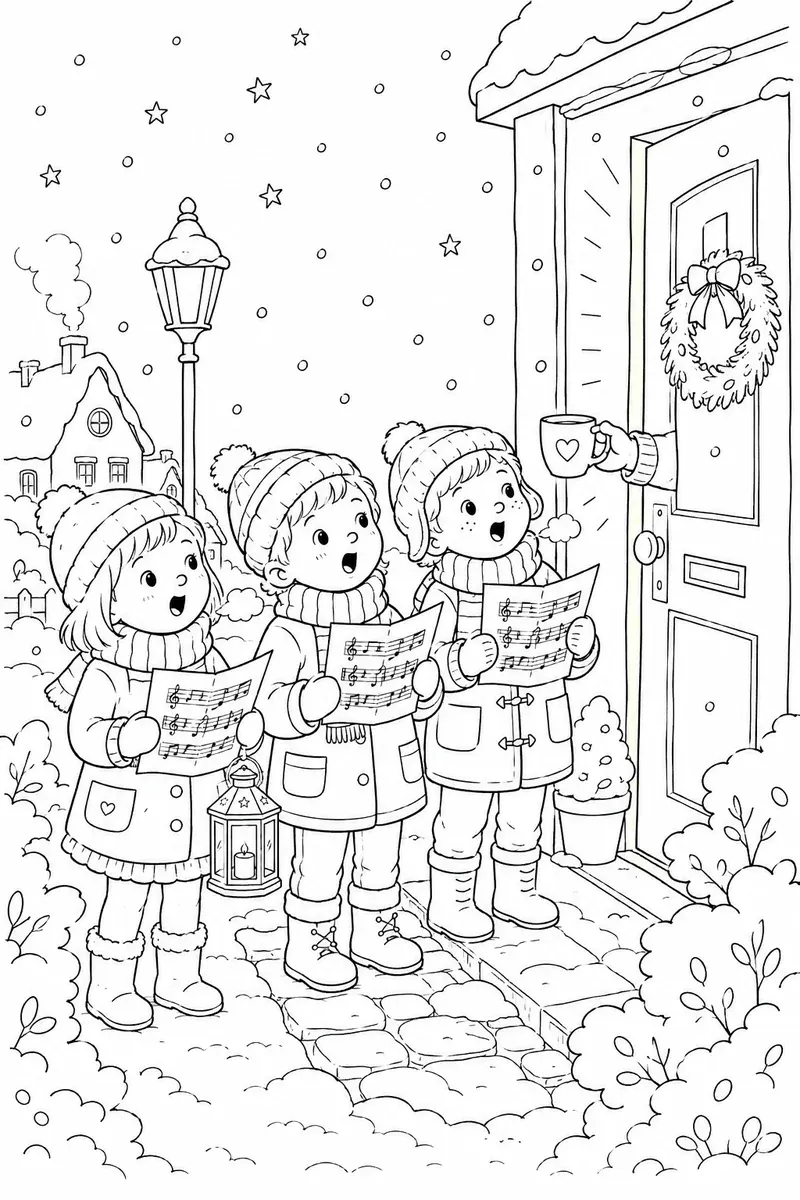 Ausmalbild von drei Kindern die auf einer Türstufe Weihnachtslieder singen