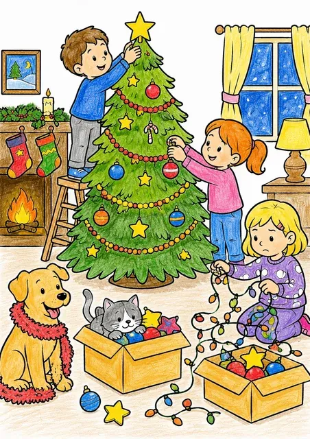 Coloring page of three children decorating a Christmas tree together