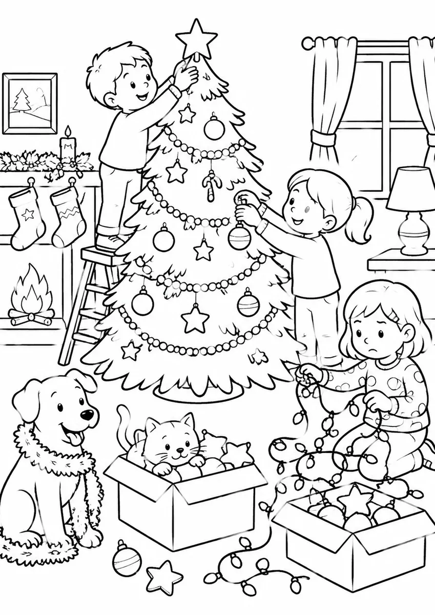 Ausmalbild von drei Kindern die gemeinsam einen Weihnachtsbaum schmücken