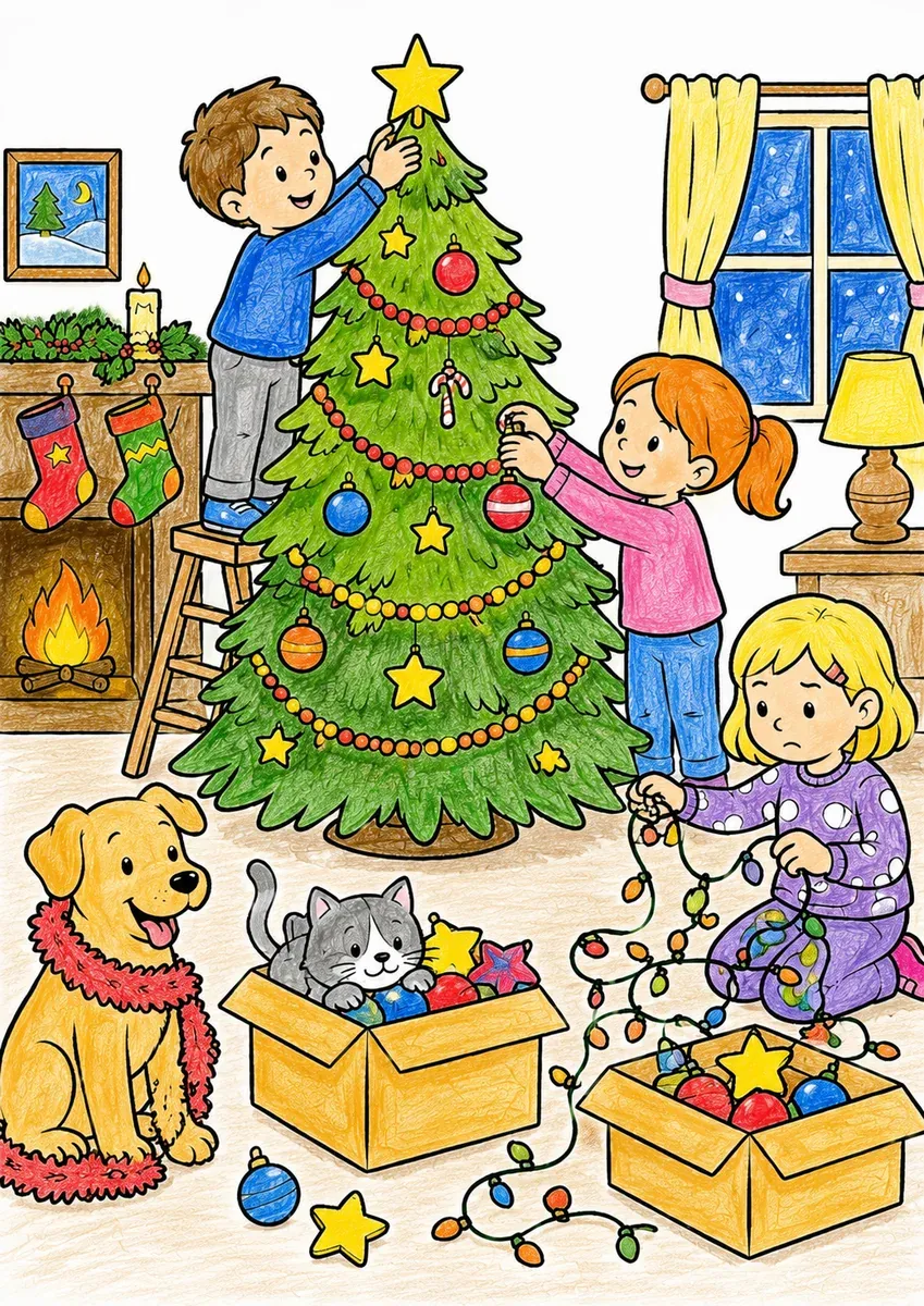 Kinder schmücken gemeinsam den Weihnachtsbaum