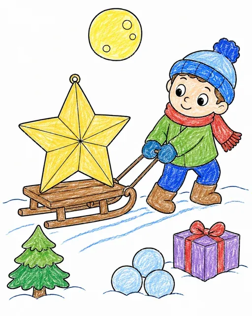 Child pulling a sled with a large Christmas star lantern