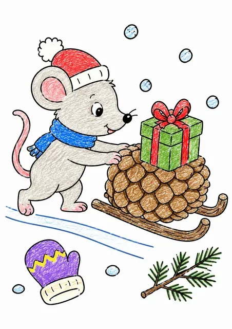 Maus schiebt einen Schlitten aus Tannenzapfen mit Geschenk
