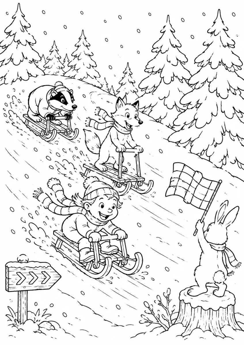 雪林中孩子狐狸獾雪橇赛的涂色画