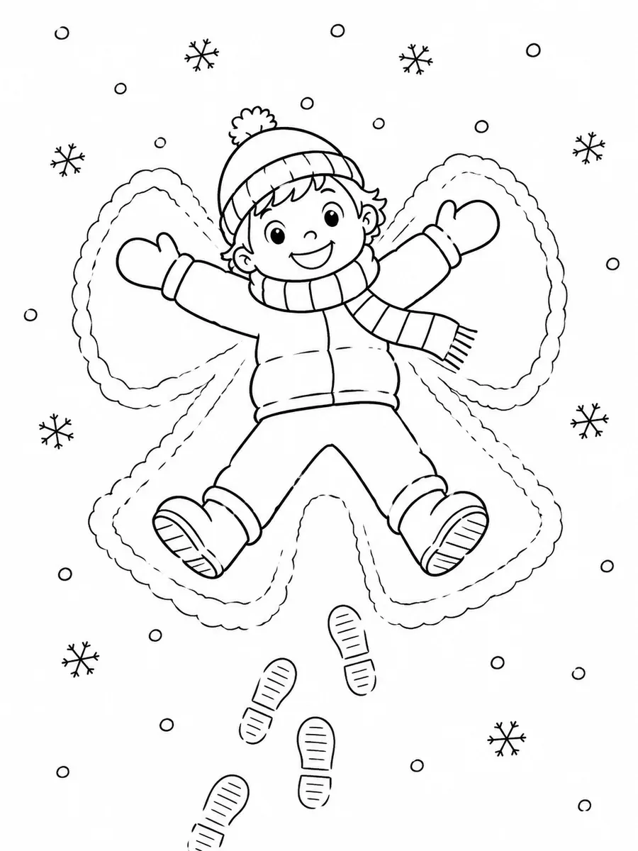 Ausmalbild von oben: Kind liegt im Schnee und macht einen Schneeengel