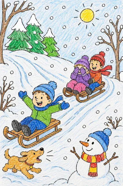 Ausmalbild von Kindern die auf Schlitten einen schneebedeckten Hügel hinunterfahren
