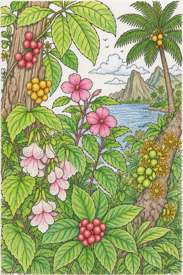 São Tomé: Okoubaka canopy / Begonia asymmetrical red / Impatiens spur pink / Cola trunk star / Psychotria tubular berries