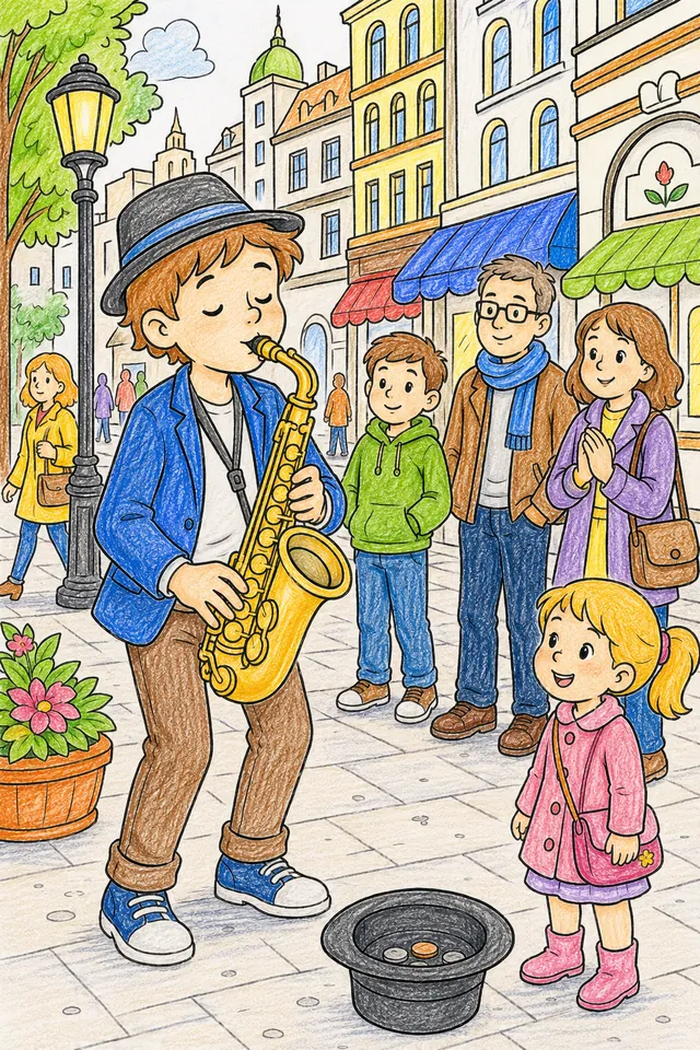 Ausmalbild: Saxophonist spielt auf Stadtbürgersteig mit Münzhut auf dem Boden