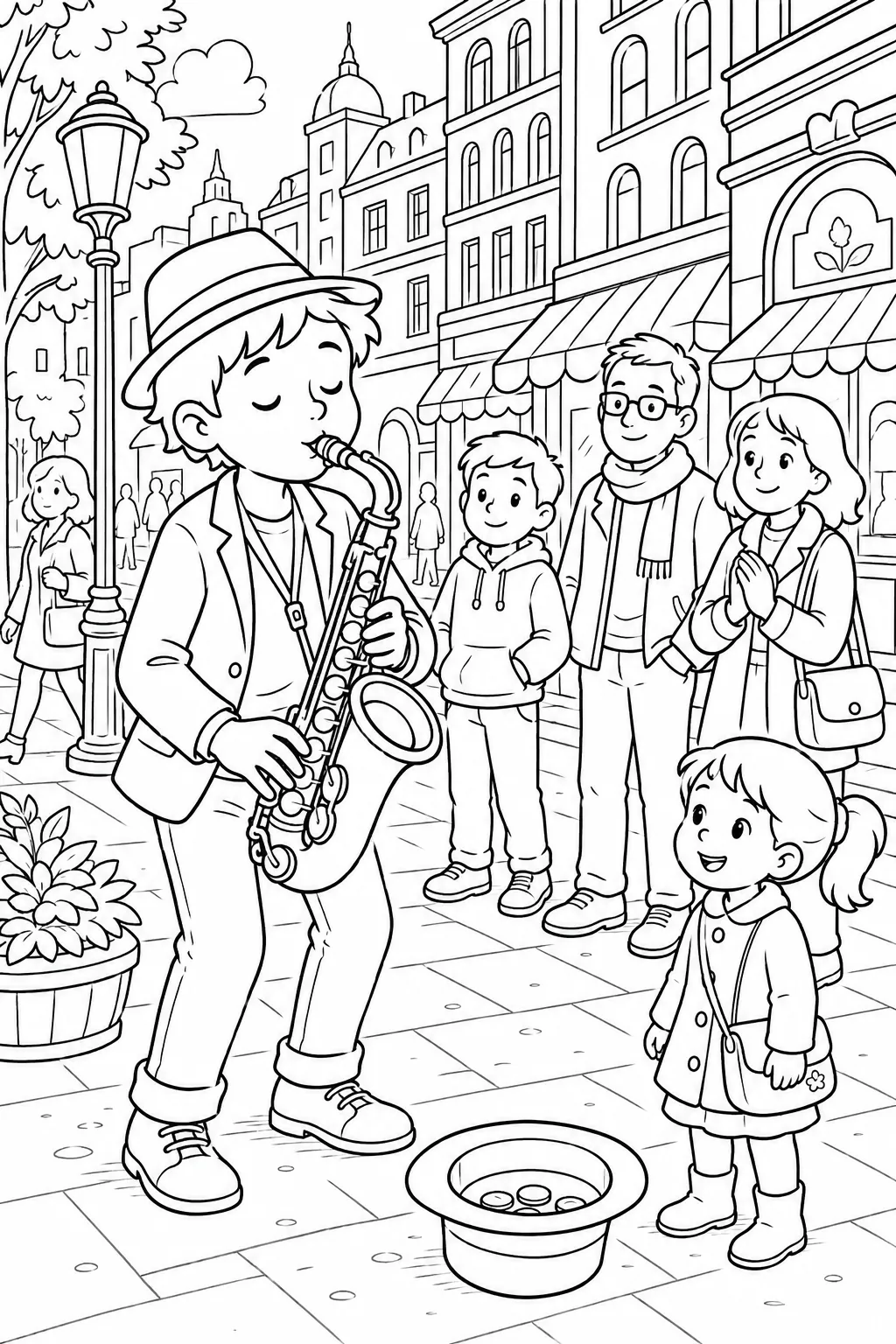 Ausmalbild: Saxophonist spielt auf Stadtbürgersteig mit Münzhut auf dem Boden