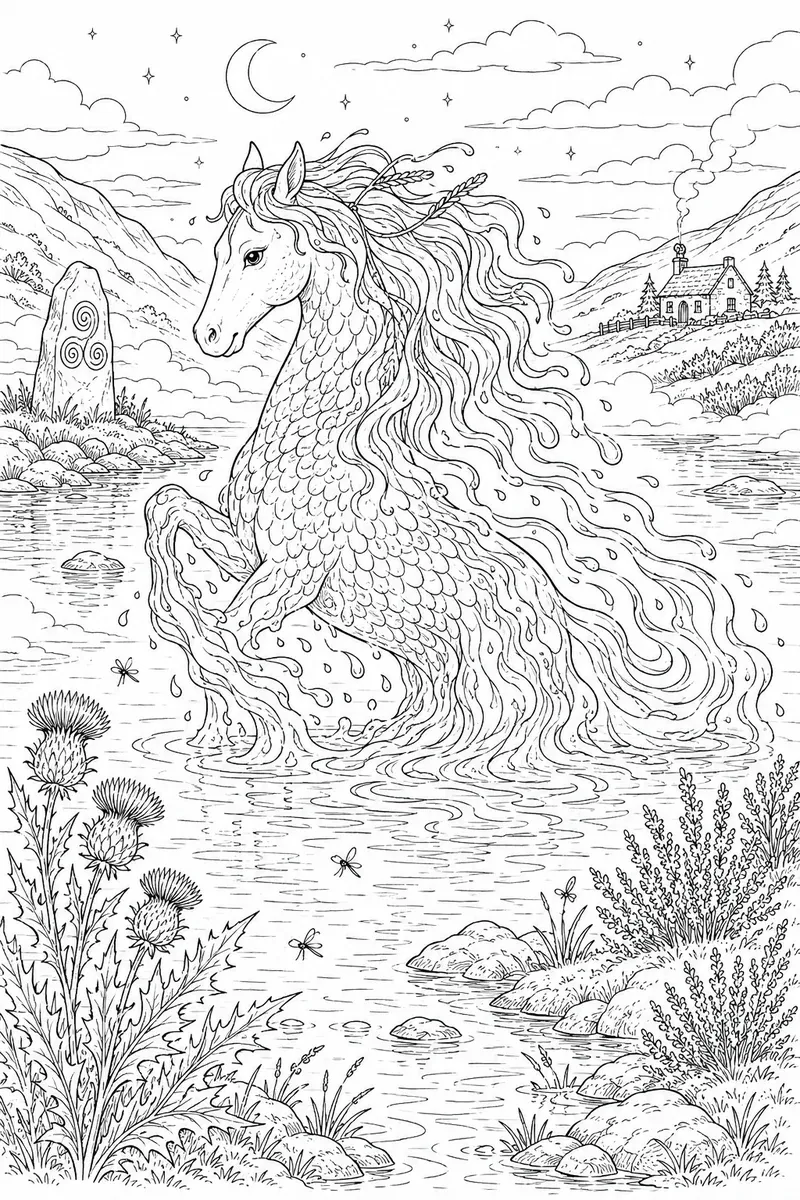 Schottisches Kelpie steigt aus einem nebeligen Loch mit Mähne aus Wasser, Disteln und Piktenstein am Ufer