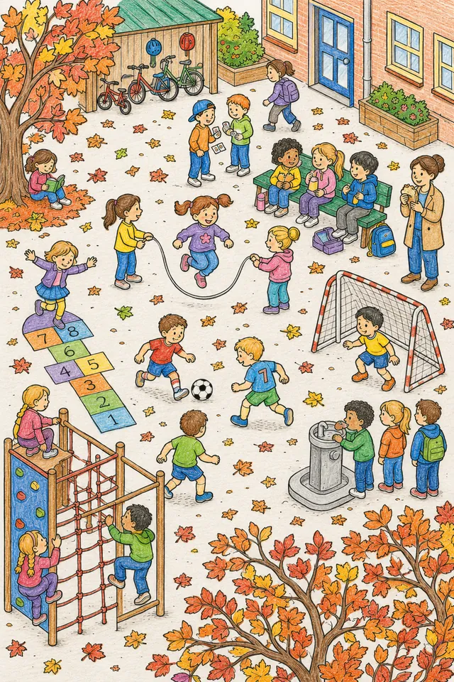 Vogelperspektiven-Wimmelbild eines vollen Schulhofs in der Pause mit spielenden Kindern