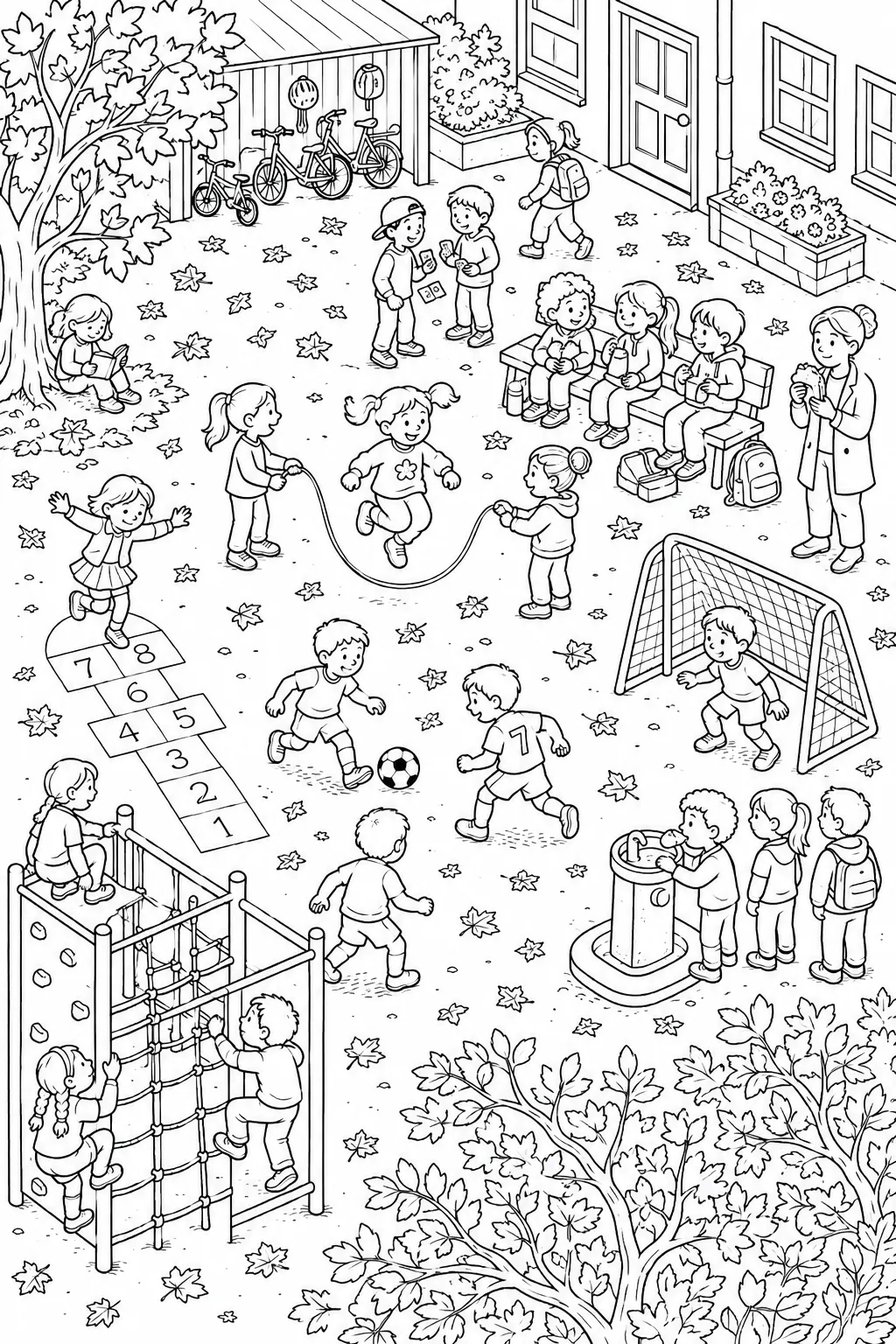 Vogelperspektiven-Wimmelbild eines vollen Schulhofs in der Pause mit spielenden Kindern