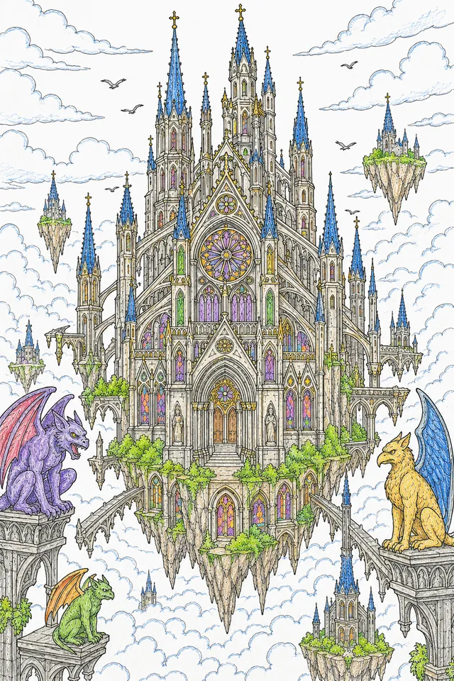 Ausmalseite einer gotischen Kathedrale schwebend über einem Wolkenmeer mit Türmen und Strebebögen