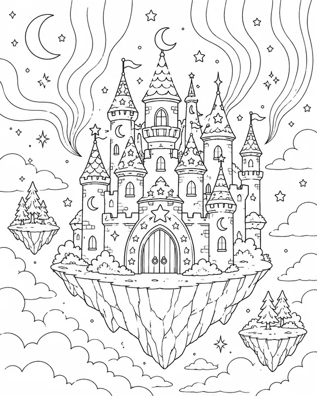Schwebende Sternenburg zwischen Wolken und Sternen