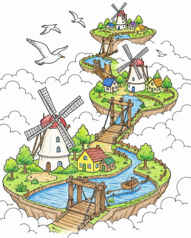 Ausmalseite schwebender Flachinseln mit Windmühlen und Polderkanälen über einem Nebelmeer