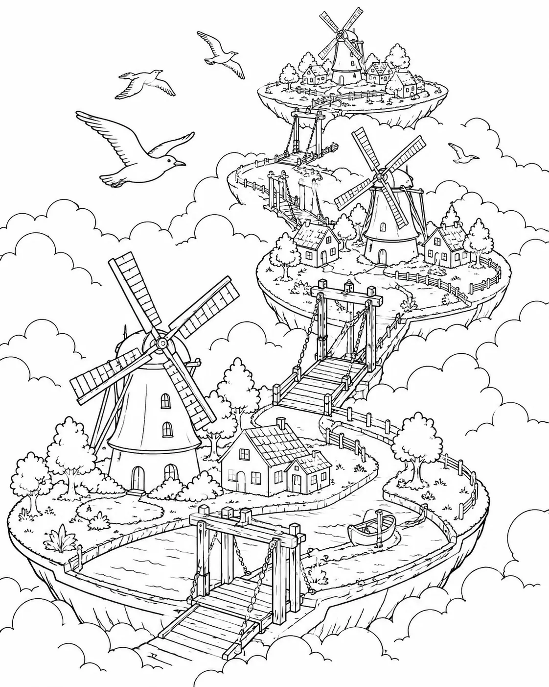 Ausmalseite schwebender Flachinseln mit Windmühlen und Polderkanälen über einem Nebelmeer