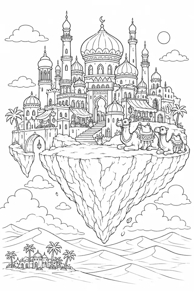 Schwebende Wüstenstadt mit Minaretten