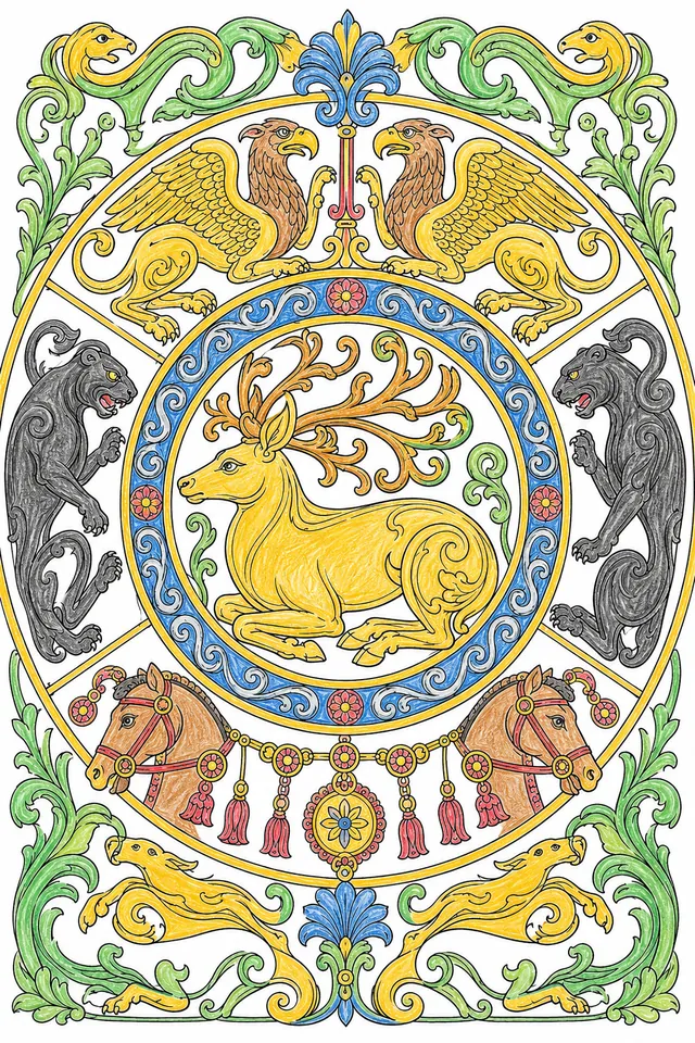 Scythian: recumbent stag coiled antlers flowing / griffin hook beak crest wings / panther coiled / fish-scale gold border / horse harness rhyton / animal combat spiral