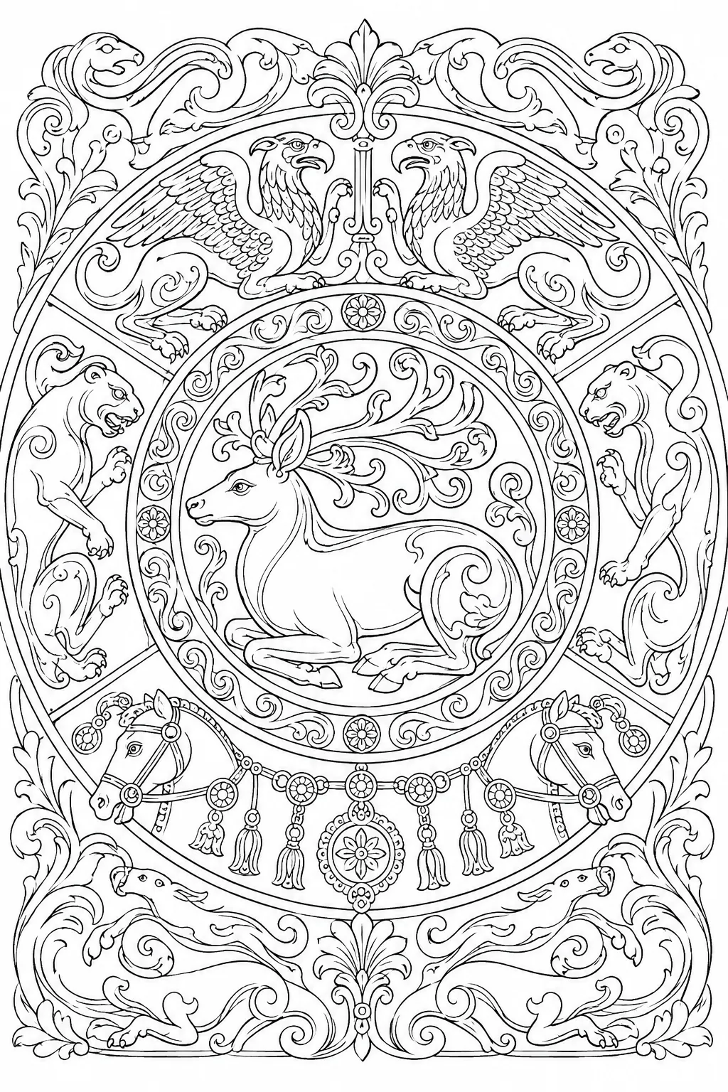Scythian: recumbent stag coiled antlers flowing / griffin hook beak crest wings / panther coiled / fish-scale gold border / horse harness rhyton / animal combat spiral