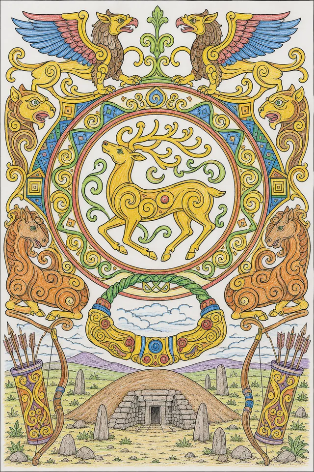 Scythian: golden deer coiled / animal combat spiral / torque griffin / griffin eagle / arrowhead border