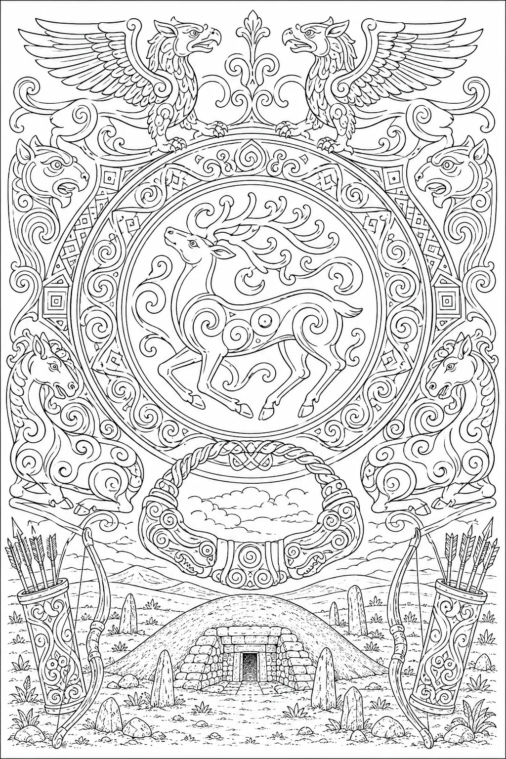 Scythian: golden deer coiled / animal combat spiral / torque griffin / griffin eagle / arrowhead border