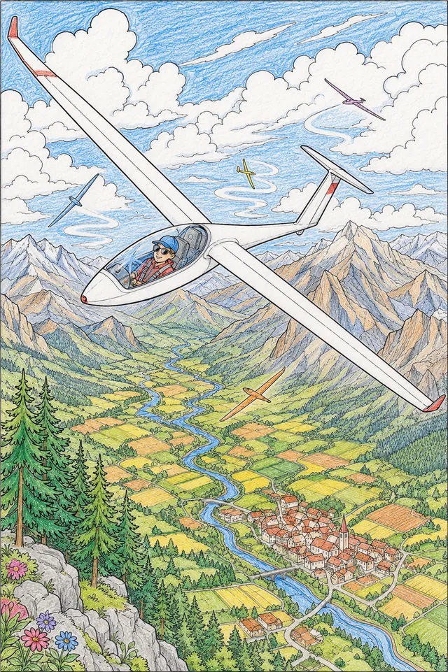 流线型滑翔机在山脉全景上方高空热气流中倾斜盘旋，下方有其他滑翔机