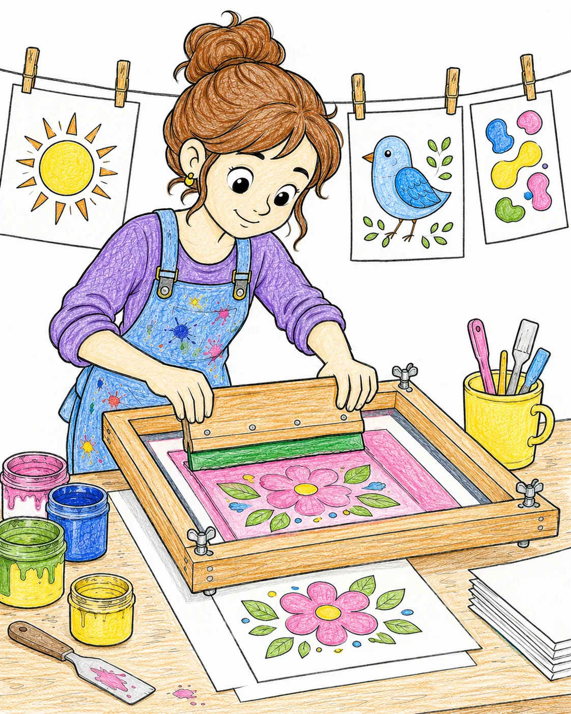 Siebdruckkünstlerin bedruckt Plakat im Atelier
