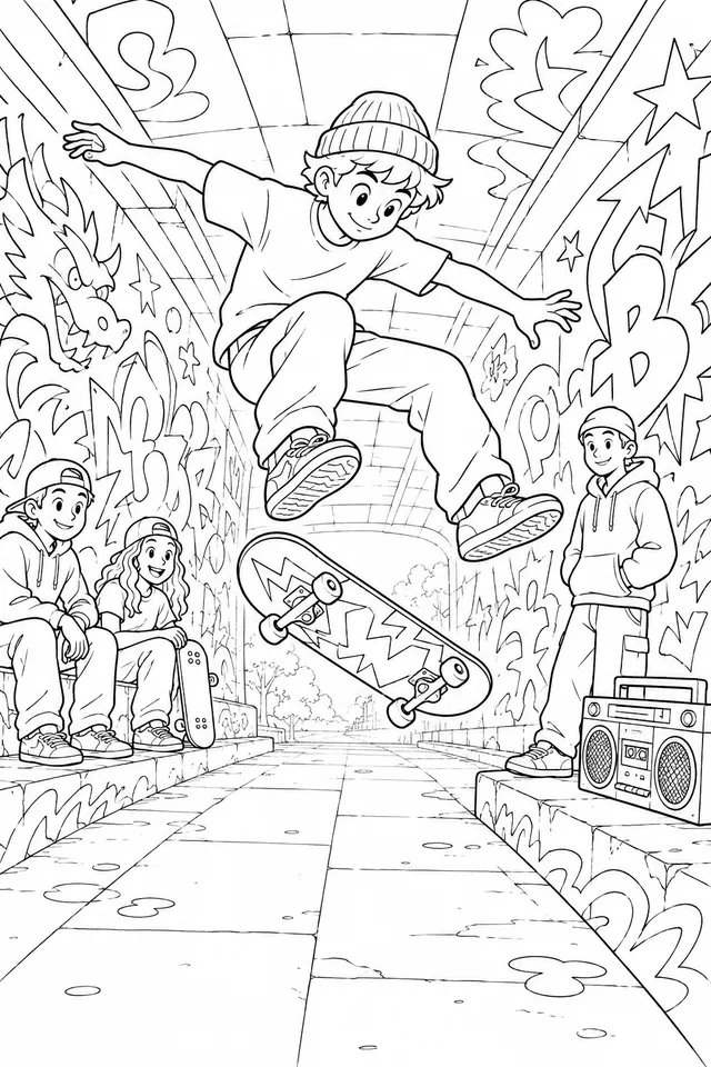 Skateboarder zeigt Tricks in einer bunten Graffiti-Unterführung