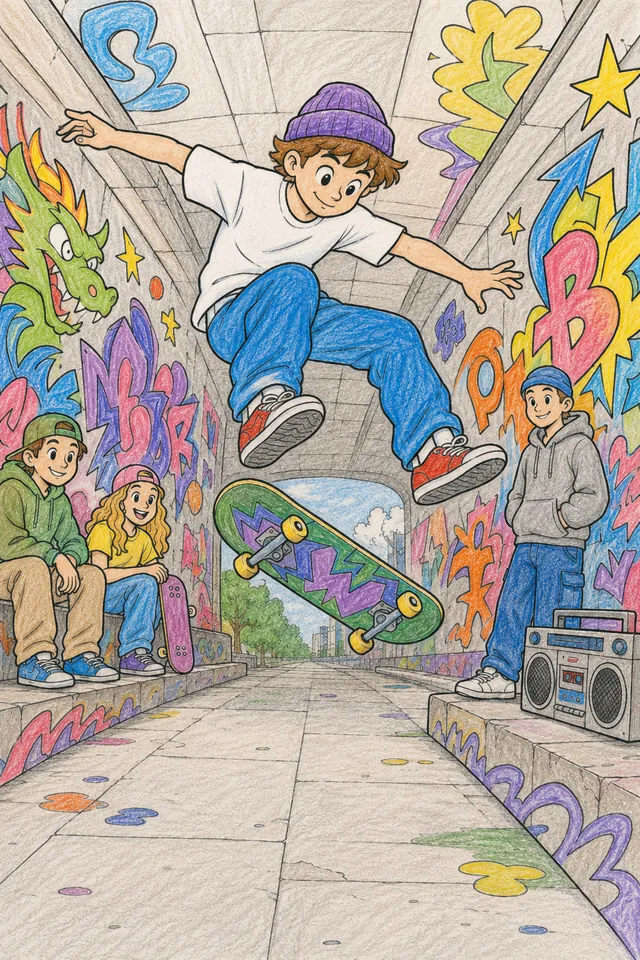 Skateboarder macht Kickflip in bunter Graffiti-Unterführung mit Wandgemälden