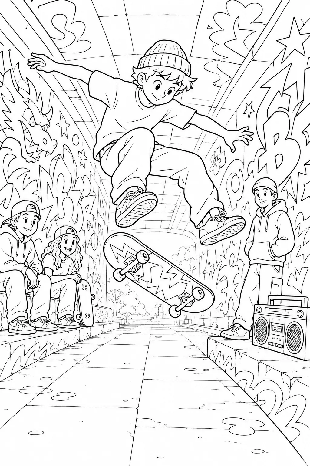 Skateboarder macht Kickflip in bunter Graffiti-Unterführung mit Wandgemälden